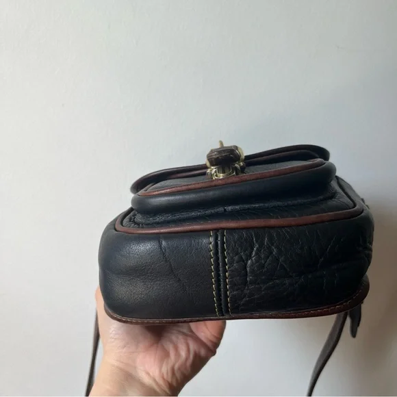 Vintage Roots Saddle Black Leather Crossbody with Brown Trim and Brass Buckle - Picture 4 of 11